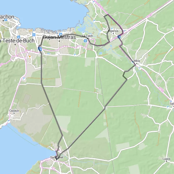 Map miniature of "Mios Loop" cycling inspiration in Aquitaine, France. Generated by Tarmacs.app cycling route planner