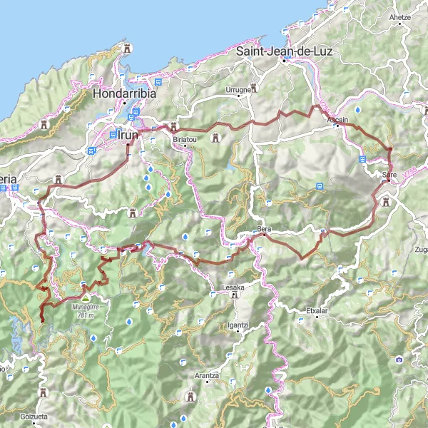 Miniature de la carte de l'inspiration cycliste "Parcours de gravel au départ de Sare" dans la Aquitaine, France. Générée par le planificateur d'itinéraire cycliste Tarmacs.app