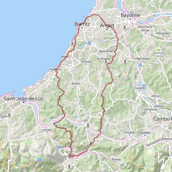 Miniature de la carte de l'inspiration cycliste "Le Tour de Bidart" dans la Aquitaine, France. Générée par le planificateur d'itinéraire cycliste Tarmacs.app