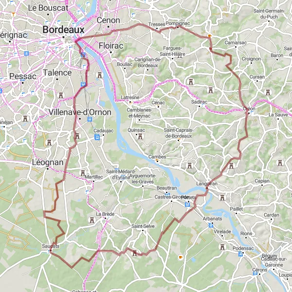 Miniatua del mapa de inspiración ciclista "Ruta de grava desde Saucats" en Aquitaine, France. Generado por Tarmacs.app planificador de rutas ciclistas