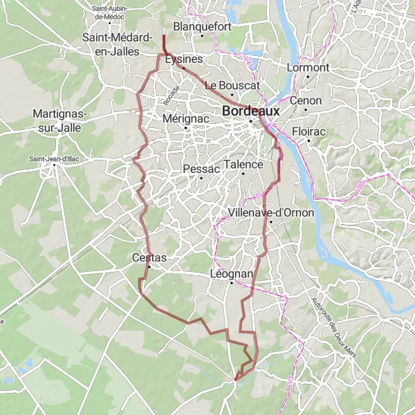 Miniatua del mapa de inspiración ciclista "Experiencia en grava desde Saucats" en Aquitaine, France. Generado por Tarmacs.app planificador de rutas ciclistas