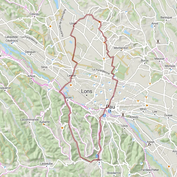 Map miniature of "Sauvagnon to Uzein Gravel Adventure" cycling inspiration in Aquitaine, France. Generated by Tarmacs.app cycling route planner