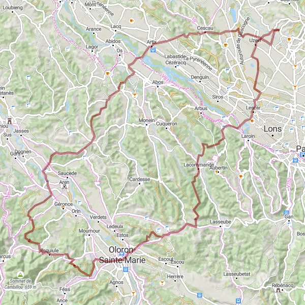 Map miniature of "Gravel Delights" cycling inspiration in Aquitaine, France. Generated by Tarmacs.app cycling route planner