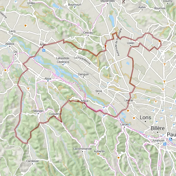 Map miniature of "Gravel Escapade" cycling inspiration in Aquitaine, France. Generated by Tarmacs.app cycling route planner