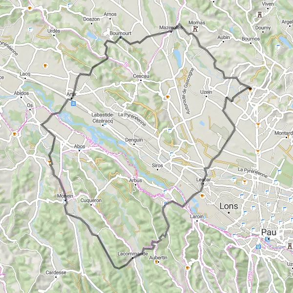 Map miniature of "Lescar and Beyond" cycling inspiration in Aquitaine, France. Generated by Tarmacs.app cycling route planner