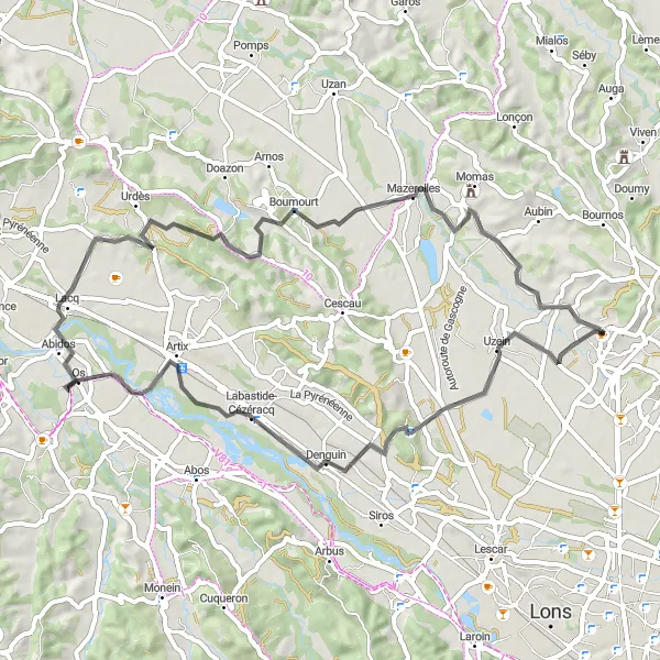 Map miniature of "Beyrie-en-Béarn Loop" cycling inspiration in Aquitaine, France. Generated by Tarmacs.app cycling route planner