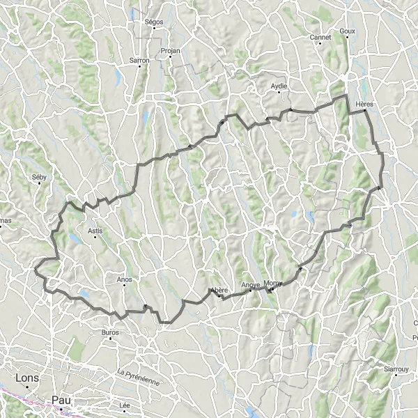 Map miniature of "Tour de Béarn" cycling inspiration in Aquitaine, France. Generated by Tarmacs.app cycling route planner