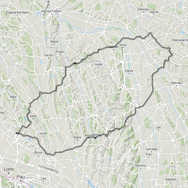 Map miniature of "Sauvagnon to Argelos and Back" cycling inspiration in Aquitaine, France. Generated by Tarmacs.app cycling route planner