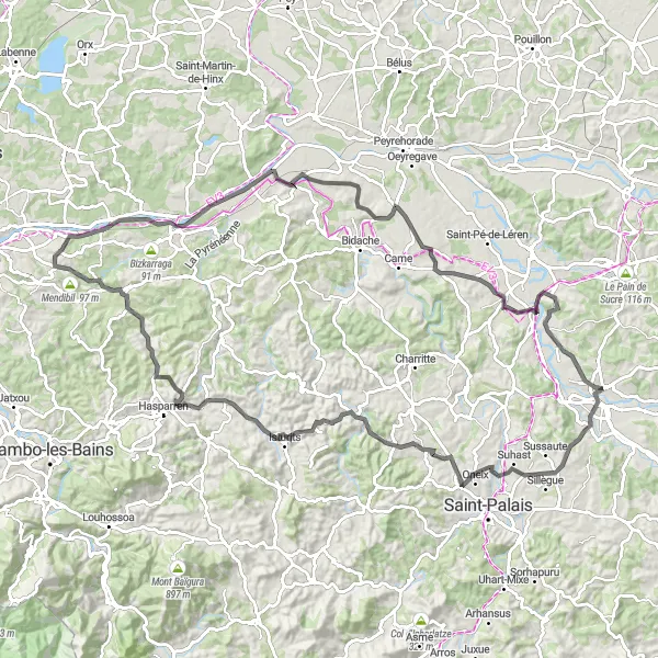 Miniatua del mapa de inspiración ciclista "Ruta de 112 km con paradas imperdibles cerca de Sauveterre-de-Béarn" en Aquitaine, France. Generado por Tarmacs.app planificador de rutas ciclistas