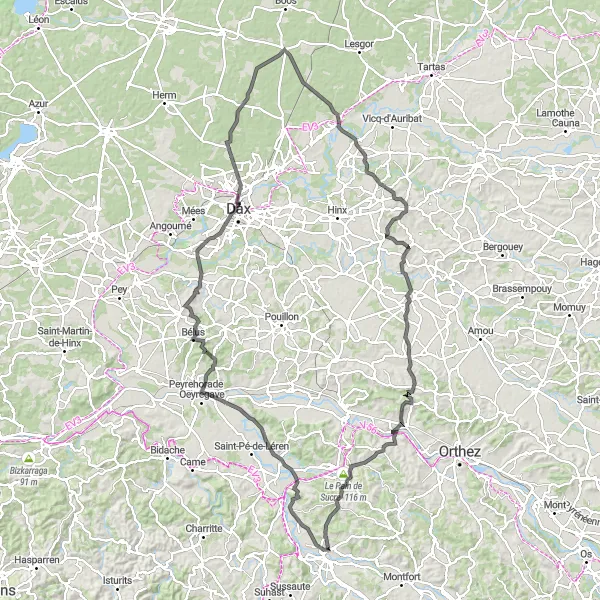 Miniatua del mapa de inspiración ciclista "Gran recorrido de 139 km con 10 paradas emocionantes cerca de Sauveterre-de-Béarn" en Aquitaine, France. Generado por Tarmacs.app planificador de rutas ciclistas