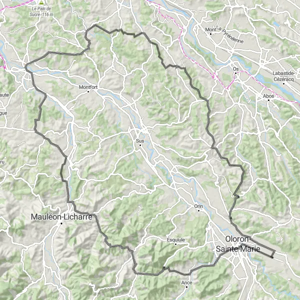 Miniatua del mapa de inspiración ciclista "Ruta de ciclismo de 125 km desde Sauveterre-de-Béarn" en Aquitaine, France. Generado por Tarmacs.app planificador de rutas ciclistas