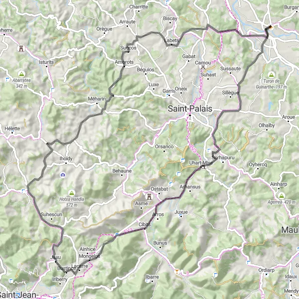 Miniatua del mapa de inspiración ciclista "Ruta de 90 km en carretera desde Sauveterre-de-Béarn" en Aquitaine, France. Generado por Tarmacs.app planificador de rutas ciclistas
