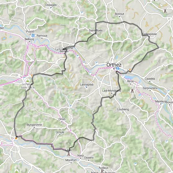 Miniatua del mapa de inspiración ciclista "Ruta de 72 km en carretera desde Sauveterre-de-Béarn" en Aquitaine, France. Generado por Tarmacs.app planificador de rutas ciclistas
