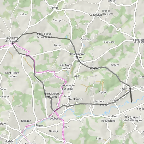 Map miniature of "Short tour to Coutures and Saint-Martin-de-Lerm" cycling inspiration in Aquitaine, France. Generated by Tarmacs.app cycling route planner