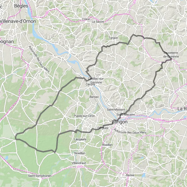 Map miniature of "Cycling adventure to Podensac and Bellebat" cycling inspiration in Aquitaine, France. Generated by Tarmacs.app cycling route planner