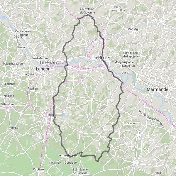 Map miniature of "The Vineyard Journey" cycling inspiration in Aquitaine, France. Generated by Tarmacs.app cycling route planner