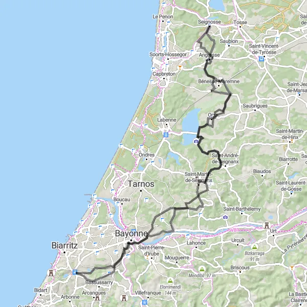Miniatua del mapa de inspiración ciclista "Ruta de ciclismo por carretera desde Seignosse" en Aquitaine, France. Generado por Tarmacs.app planificador de rutas ciclistas