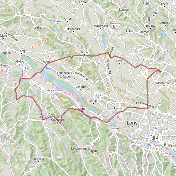 Miniature de la carte de l'inspiration cycliste "Boucle de Vélo de Gravier Serres-Castet-Lescar-Mourenx-Artix-Uzein-Serres-Castet" dans la Aquitaine, France. Générée par le planificateur d'itinéraire cycliste Tarmacs.app