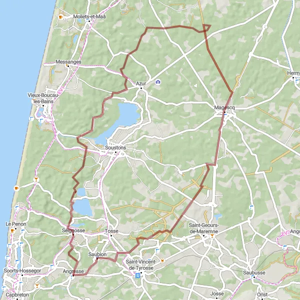 Miniatua del mapa de inspiración ciclista "Aventura en bicicleta de grava desde Soorts" en Aquitaine, France. Generado por Tarmacs.app planificador de rutas ciclistas
