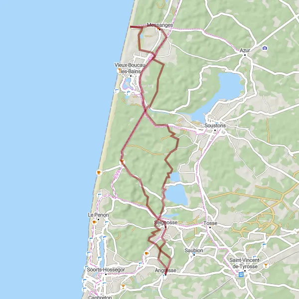 Miniatua del mapa de inspiración ciclista "Ruta de grava a través de paisajes únicos" en Aquitaine, France. Generado por Tarmacs.app planificador de rutas ciclistas