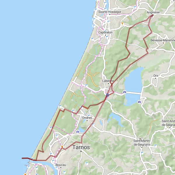 Miniatua del mapa de inspiración ciclista "Ruta de gravel entre Angresse y Ondres" en Aquitaine, France. Generado por Tarmacs.app planificador de rutas ciclistas