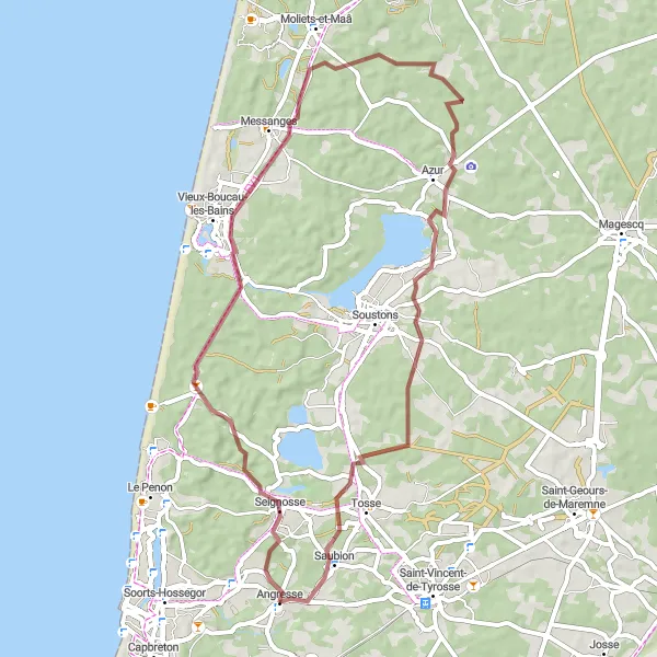 Miniatua del mapa de inspiración ciclista "Recorrido por caminos de grava desde Soorts" en Aquitaine, France. Generado por Tarmacs.app planificador de rutas ciclistas