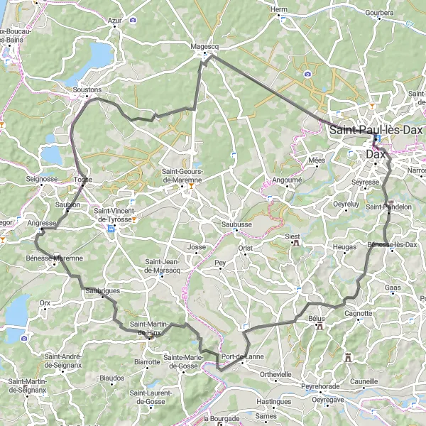 Miniatua del mapa de inspiración ciclista "Recorrido en carretera a través de la belleza de Aquitaine" en Aquitaine, France. Generado por Tarmacs.app planificador de rutas ciclistas
