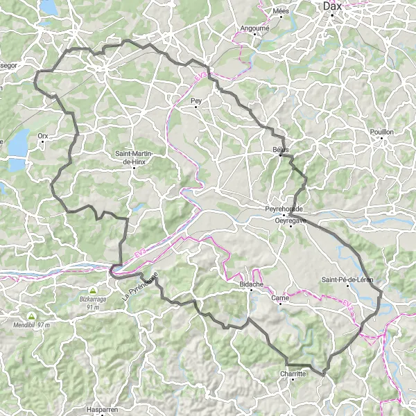 Miniatua del mapa de inspiración ciclista "Ruta de los Monasterios" en Aquitaine, France. Generado por Tarmacs.app planificador de rutas ciclistas