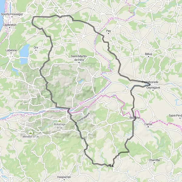 Miniatua del mapa de inspiración ciclista "Ruta por la vallée d'Hastingues" en Aquitaine, France. Generado por Tarmacs.app planificador de rutas ciclistas
