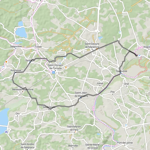 Miniatua del mapa de inspiración ciclista "Ruta por Saint-Geours-de-Maremne" en Aquitaine, France. Generado por Tarmacs.app planificador de rutas ciclistas