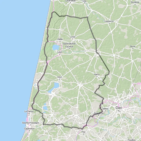 Miniatua del mapa de inspiración ciclista "Ruta de carretera con paisajes variados en Aquitaine" en Aquitaine, France. Generado por Tarmacs.app planificador de rutas ciclistas
