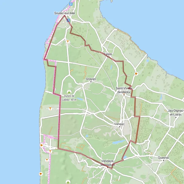 Miniature de la carte de l'inspiration cycliste "Tour à travers les dunes et les villages pittoresques" dans la Aquitaine, France. Générée par le planificateur d'itinéraire cycliste Tarmacs.app