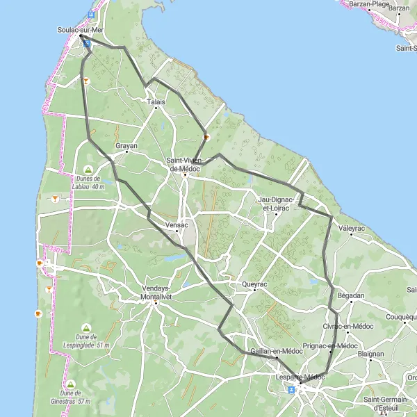 Miniature de la carte de l'inspiration cycliste "Côte Atlantique" dans la Aquitaine, France. Générée par le planificateur d'itinéraire cycliste Tarmacs.app