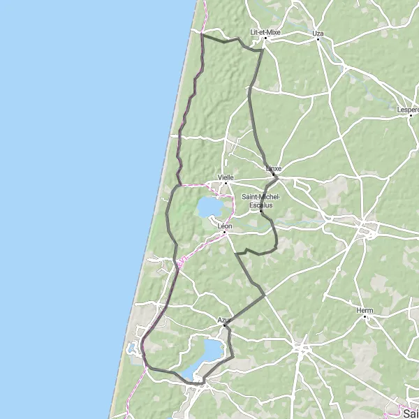Miniatua del mapa de inspiración ciclista "Ruta de ciclismo en carretera a Vieux-Boucau-les-Bains" en Aquitaine, France. Generado por Tarmacs.app planificador de rutas ciclistas