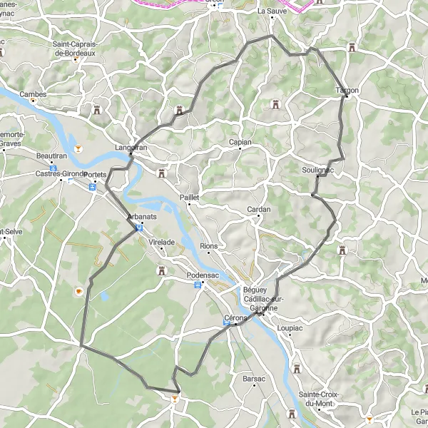 Map miniature of "Soulignac Adventure Route" cycling inspiration in Aquitaine, France. Generated by Tarmacs.app cycling route planner