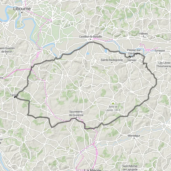 Map miniature of "St. Aubin-de-Branne Circuit" cycling inspiration in Aquitaine, France. Generated by Tarmacs.app cycling route planner