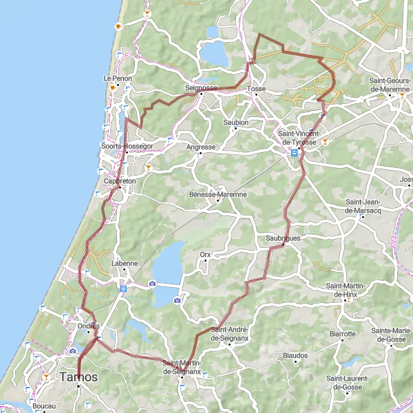 Miniature de la carte de l'inspiration cycliste "Parcours aventureux en gravel près de Tarnos" dans la Aquitaine, France. Générée par le planificateur d'itinéraire cycliste Tarmacs.app
