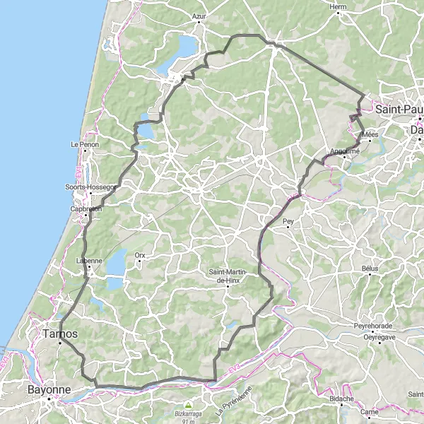 Miniature de la carte de l'inspiration cycliste "Tour des Lacs Landais" dans la Aquitaine, France. Générée par le planificateur d'itinéraire cycliste Tarmacs.app