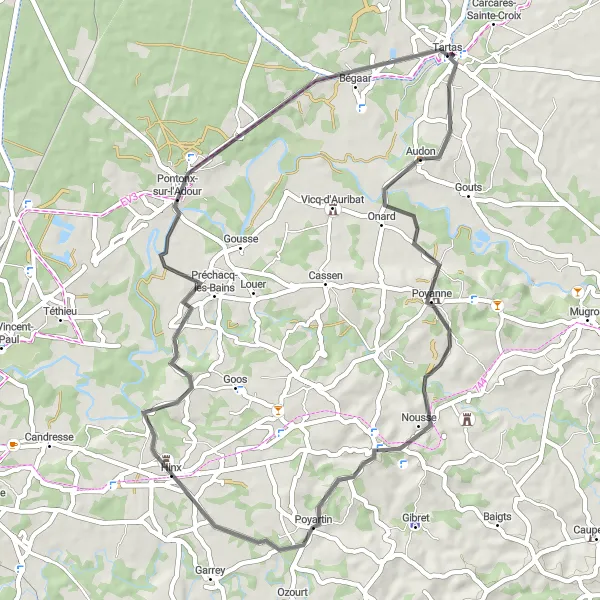 Miniatua del mapa de inspiración ciclista "Ruta de ciclismo de carretera a través de Tartas" en Aquitaine, France. Generado por Tarmacs.app planificador de rutas ciclistas