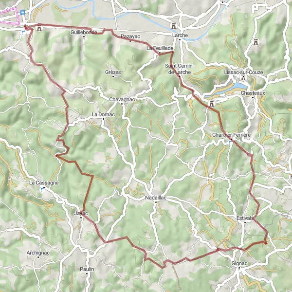 Map miniature of "Gravel Loop to Saint-Cernin-de-Larche and Jayac" cycling inspiration in Aquitaine, France. Generated by Tarmacs.app cycling route planner