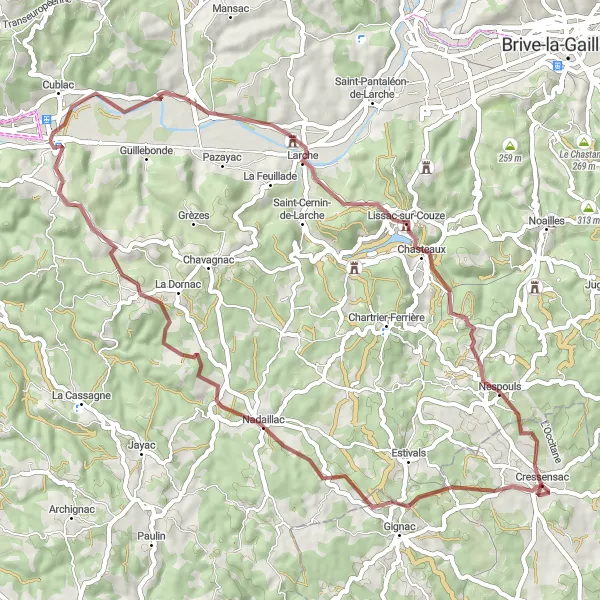 Map miniature of "Gravel Adventure to Cublac and Terrasson-Lavilledieu" cycling inspiration in Aquitaine, France. Generated by Tarmacs.app cycling route planner