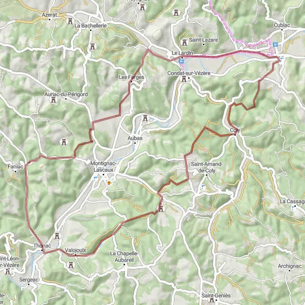 Miniatua del mapa de inspiración ciclista "Ruta de Ciclismo de Grava por los Alrededores de Terrasson-Lavilledieu" en Aquitaine, France. Generado por Tarmacs.app planificador de rutas ciclistas
