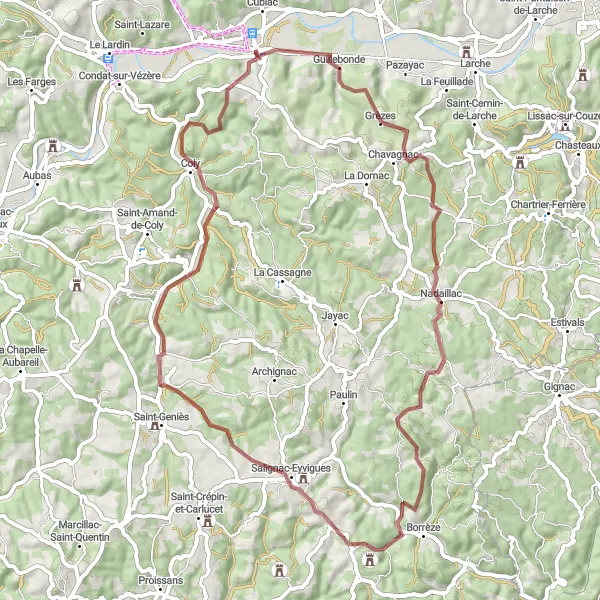 Miniatua del mapa de inspiración ciclista "Ruta de Grava a través de Ancien Pont y Salignac-Eyvigues" en Aquitaine, France. Generado por Tarmacs.app planificador de rutas ciclistas