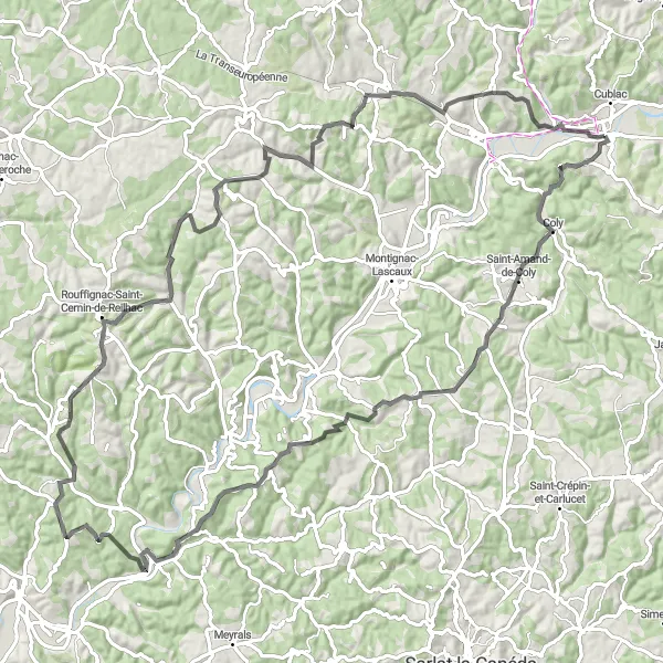 Map miniature of "Countryside Road Adventure" cycling inspiration in Aquitaine, France. Generated by Tarmacs.app cycling route planner