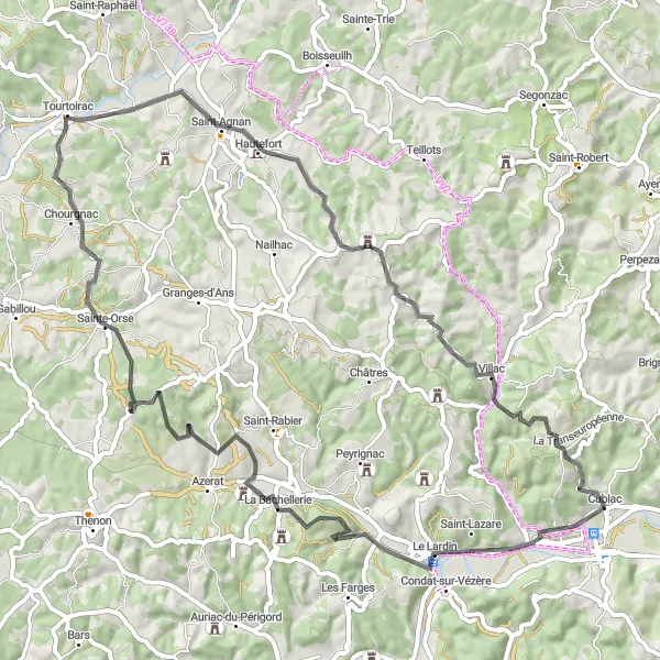 Map miniature of "Scenic Road Loop to Le Lardin, La Bachellerie, and Cublac" cycling inspiration in Aquitaine, France. Generated by Tarmacs.app cycling route planner