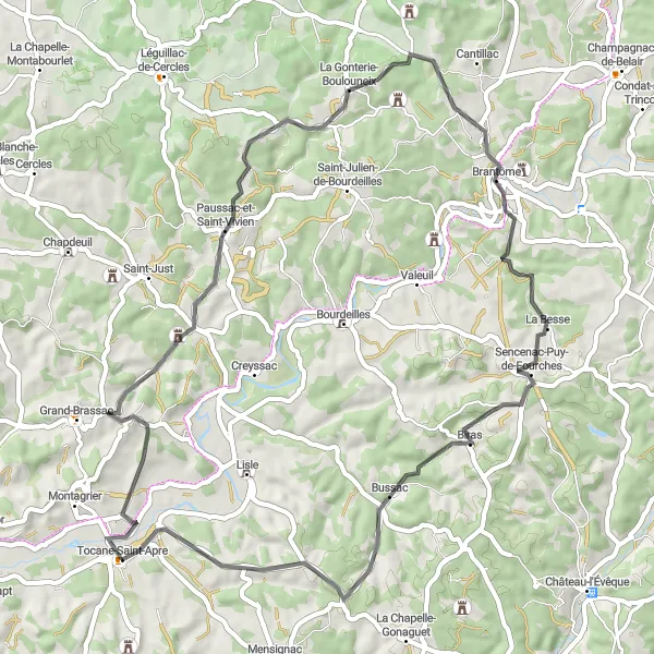 Miniatua del mapa de inspiración ciclista "Ruta de Ciclismo de Carretera Bussac" en Aquitaine, France. Generado por Tarmacs.app planificador de rutas ciclistas