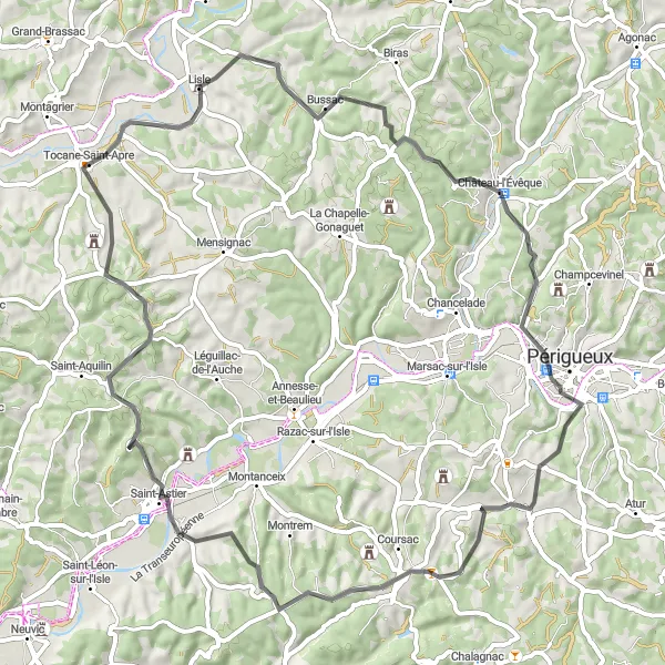 Miniatua del mapa de inspiración ciclista "Ruta de Ciclismo de Carretera Coursac" en Aquitaine, France. Generado por Tarmacs.app planificador de rutas ciclistas