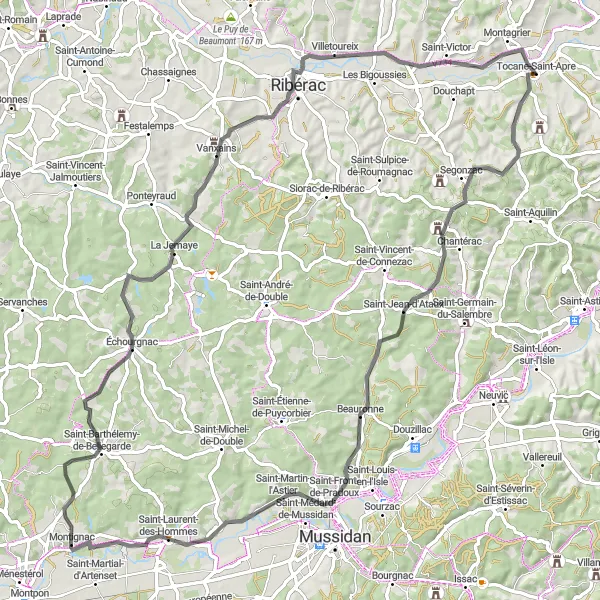 Miniature de la carte de l'inspiration cycliste "Tocane-Saint-Apre to Table d'Orientation Circuit" dans la Aquitaine, France. Générée par le planificateur d'itinéraire cycliste Tarmacs.app