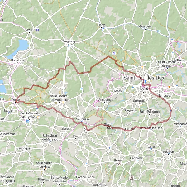 Map miniature of "The Gravel Paths of Landes" cycling inspiration in Aquitaine, France. Generated by Tarmacs.app cycling route planner