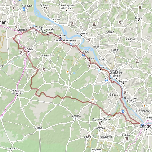 Map miniature of "Toulenne Gravel Adventure" cycling inspiration in Aquitaine, France. Generated by Tarmacs.app cycling route planner